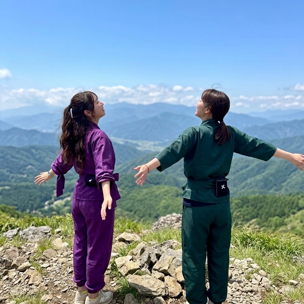 山頂で景色を楽しむ忍者ウェルネスハイク